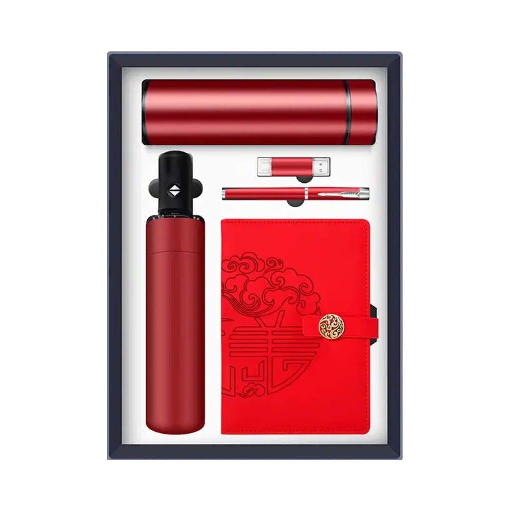 SET REGALO TACCUINO IN PELLE BOTTIGLIA CON LED OMBRELLO PENNETTA USB E PENNA
