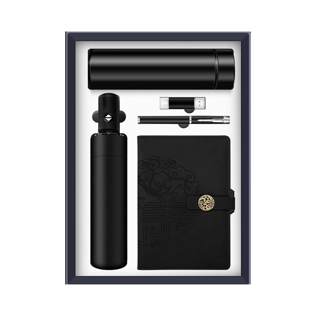 SET REGALO TACCUINO IN PELLE BOTTIGLIA CON LED OMBRELLO PENNETTA USB E PENNA