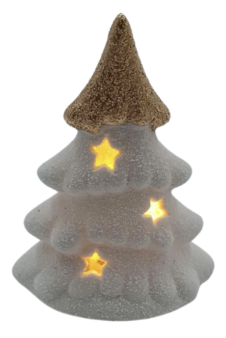 ALBERELLO LED DI NATALE STILIZZATO BASE BIANCA CON FORI FORMA STELLE   PORCELLANA  