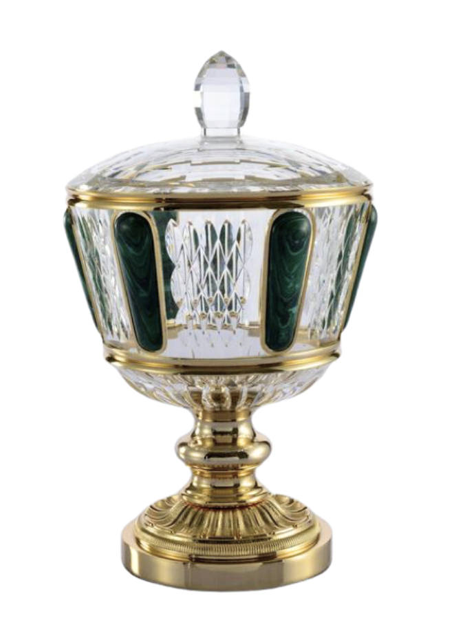 [50-FH-1015] BARATTOLO DI CARAMELLE, CRISTALLO TRASPARENTE, ARTICOLO IN METALLO ORO K,  DECORATI CON MALACHITE ARTIFICIALE