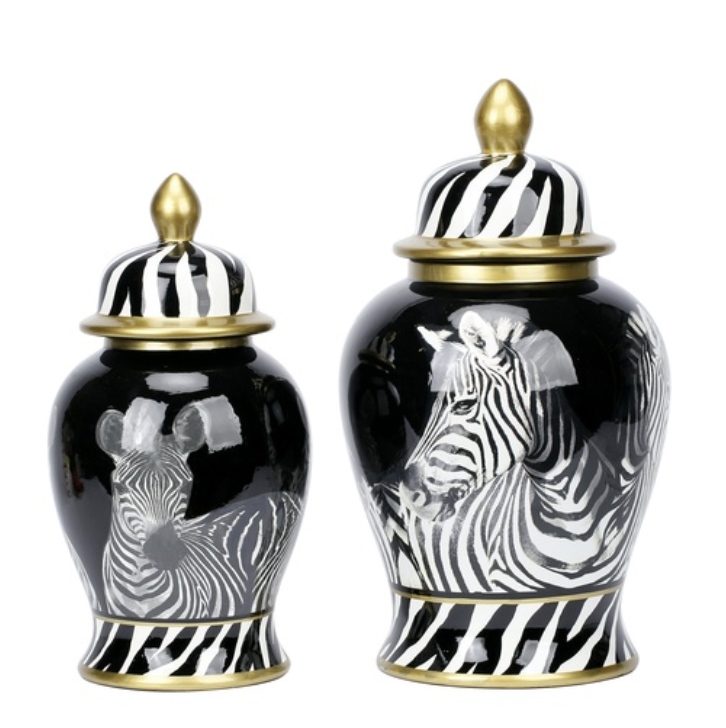 Barattoli in ceramica bianco e nero con motivo zebrato a pennello