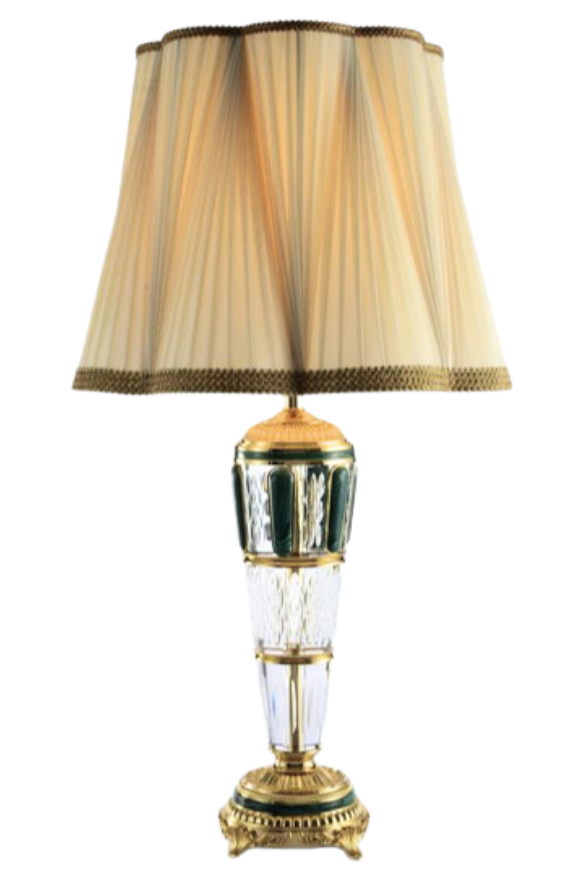 LAMPADA  DA TAVOLO IN CRISTALLO CON MALACHITE ARTIFICIALE, RAME DORATO 