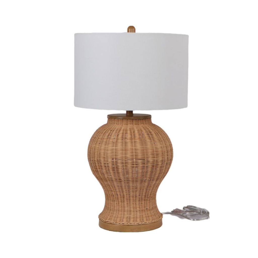 [119-ML2346824] LAMPADA  DA TAVOLO IN RATTAN CON PARALUME IN LINO BIANCO