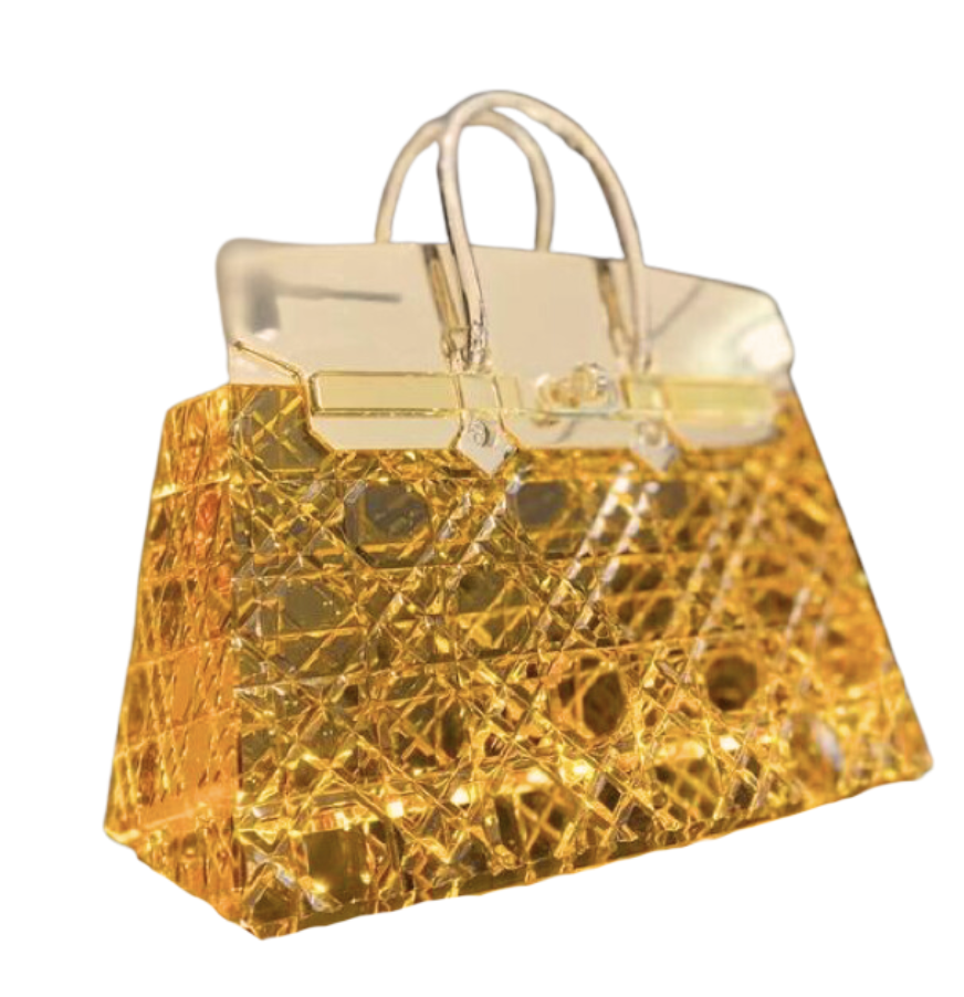 [50-FC-677S-YL] LAMPADA DA TAVOLO CON BORSA IN CRISTALLO WIRELESS DI MEDIE DIMENSIONI,  CRISTALLO GIALLO CON METALLO ORO CHIARO, STRISCIA LED