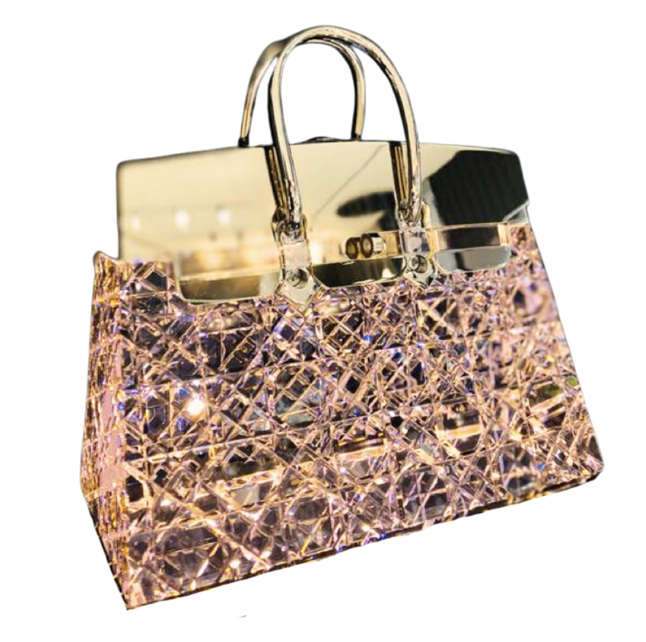 [50-FC-677S-PK] LAMPADA DA TAVOLO CON BORSA IN CRISTALLO WIRELESS DI MEDIE DIMENSIONI,  CRISTALLO ROSA CON METALLO ORO CHIARO, STRISCIA LED 