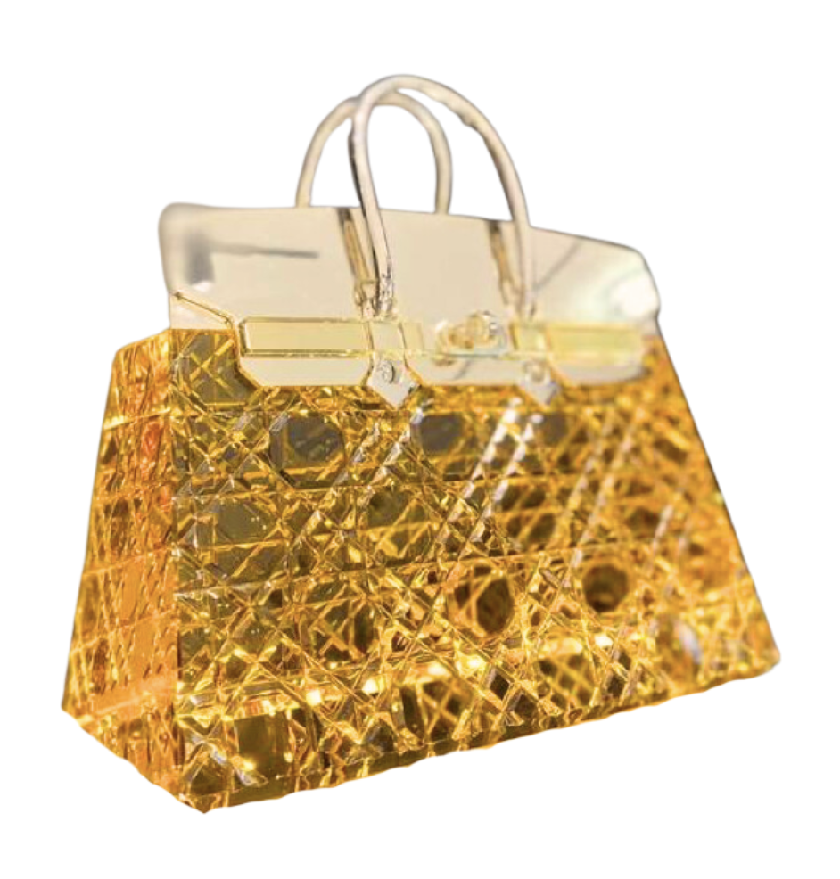 [50-FC-677L-YL] LAMPADA DA TAVOLO SENZA FILI DI GRANDI DIMENSIONI CON BORSA IN CRISTALLO,  CRISTALLO GIALLO CON METALLO ORO CHIARO, STRISCIA LED