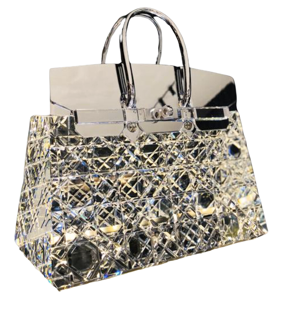 [50-FC-677L-CL] LAMPADA DA TAVOLO SENZA FILI DI GRANDI DIMENSIONI CON BORSA IN CRISTALLO, CRISTALLO  CON METALLO CROMATO, STRISCIA LED 