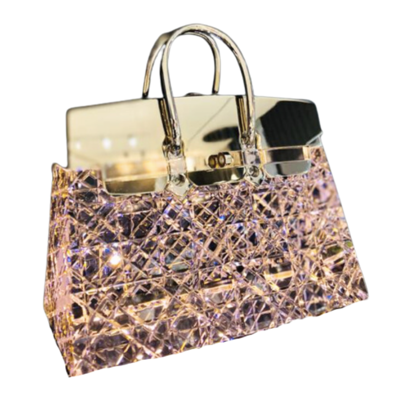 [50-FC-677L-PK] LAMPADA DA TAVOLO SENZA FILI DI GRANDI DIMENSIONI CON BORSA IN CRISTALLO, CRISTALLO ROSA CON METALLO ORO CHIARO, STRISCIA LED