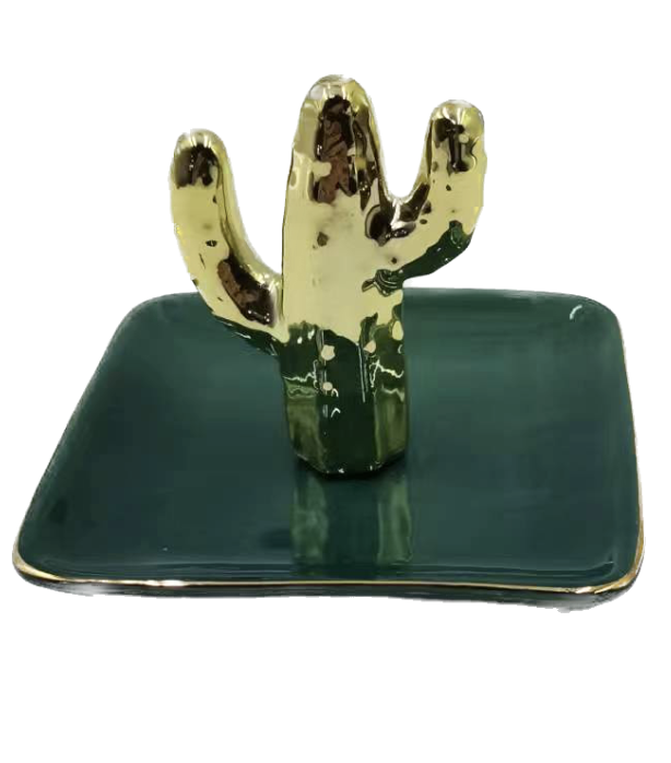 [158-ycl18562-19a068] PIATTINO PORTA ANELLI PORCELLANA CON PARTICOLARE CACTUS ORO 