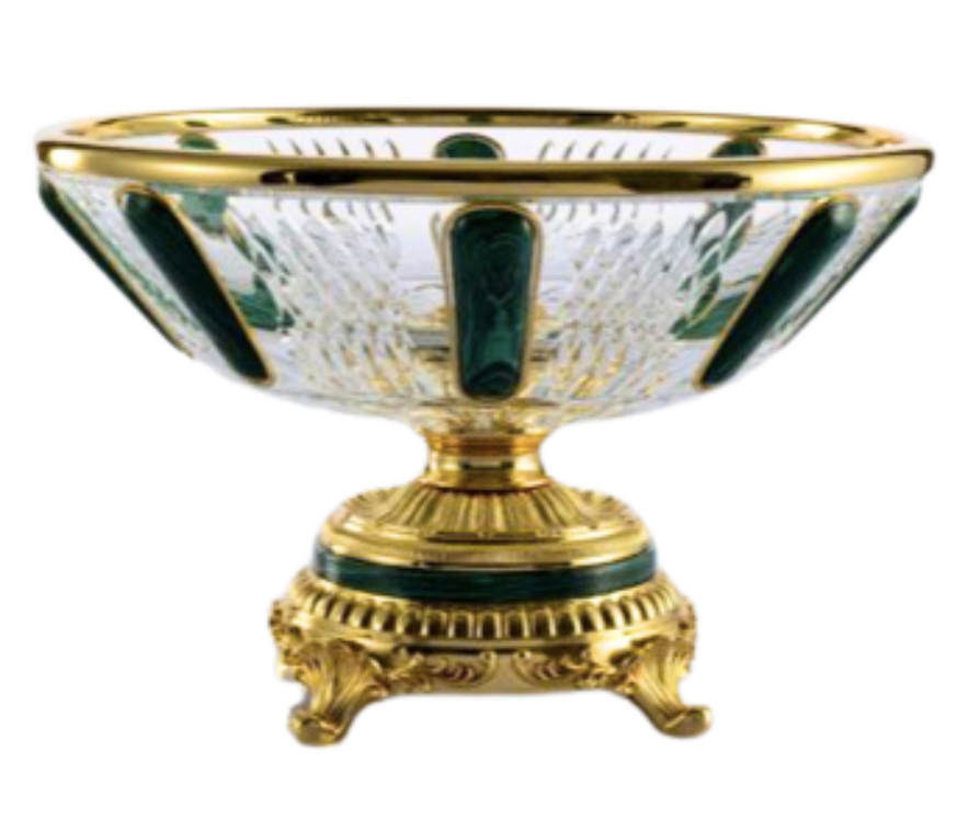 [50-FB-1015] [50-FB-1015] PORTAFRUTTA IN CRISTALLO CON MALACHITE ARTIFICIALE , RAME DORATO