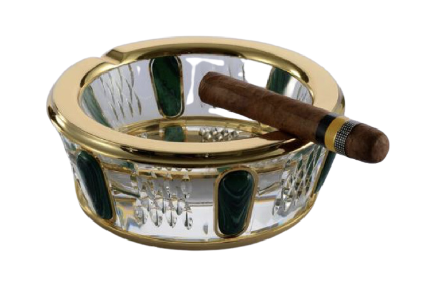 [50-FG-1015] POSACENERE IN CRISTALLO CON MALACHITE ARTIFICIALE, RAME DORATO
