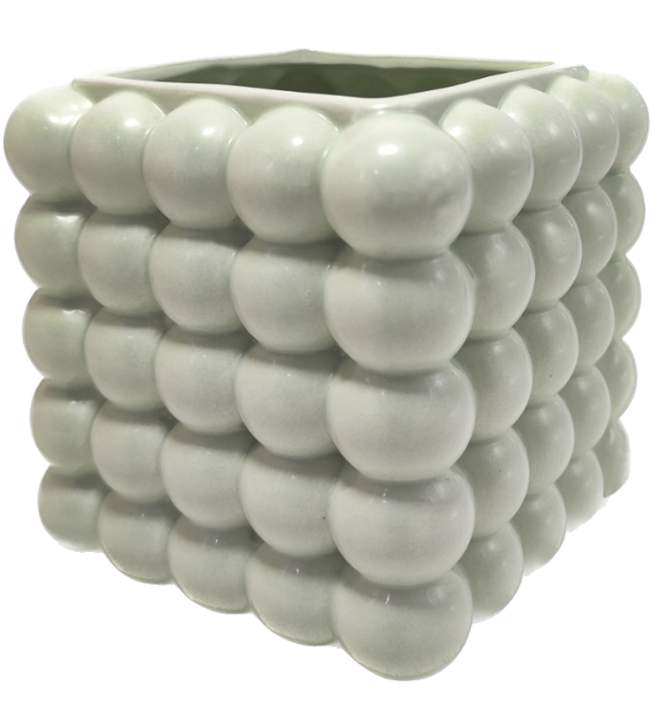 [164-W230097-4] VASO FIORI BASE QUADRATA CON DECORI A SFERE COLORE PANNA  PORCELLANA 