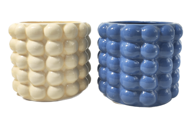 [164-W230097-3] VASO FIORI CON DECORI A SFERE COLORE CREMA E BLU  PORCELLANA