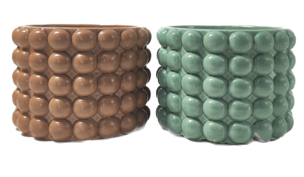 [164-W230097-1] VASETTO PORTA PIANTINA CON DECORI A SFERE COLORE MARRONE E VERDE PORCELLANA 