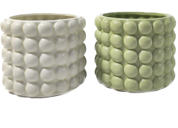 [164-W230097-2] VASO PORTA PIANTINA CON DECORI A SFERE COLORE PANNA E VERDE PORCELLANA