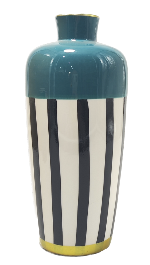 [164-WK86-2] VASO IN PORCELLANA CON DECORI LINEARI VERDE PETROLIO E ORO