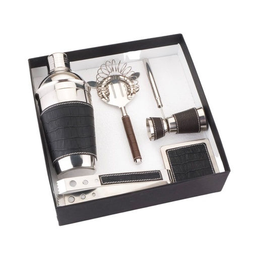 [ALM-556-BKL] SET COCKTAIL SHAKER ACCIAIO E PELLE CON BOX